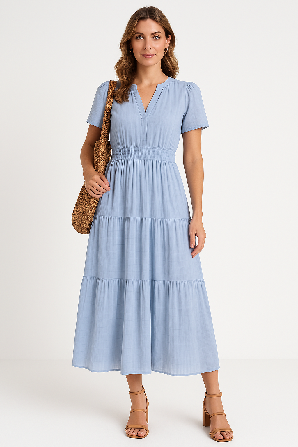Women's Maxi Dress – V-Neck – Puff Sleeves – Light A-Line – Ruched Waist – Layered Skirt
