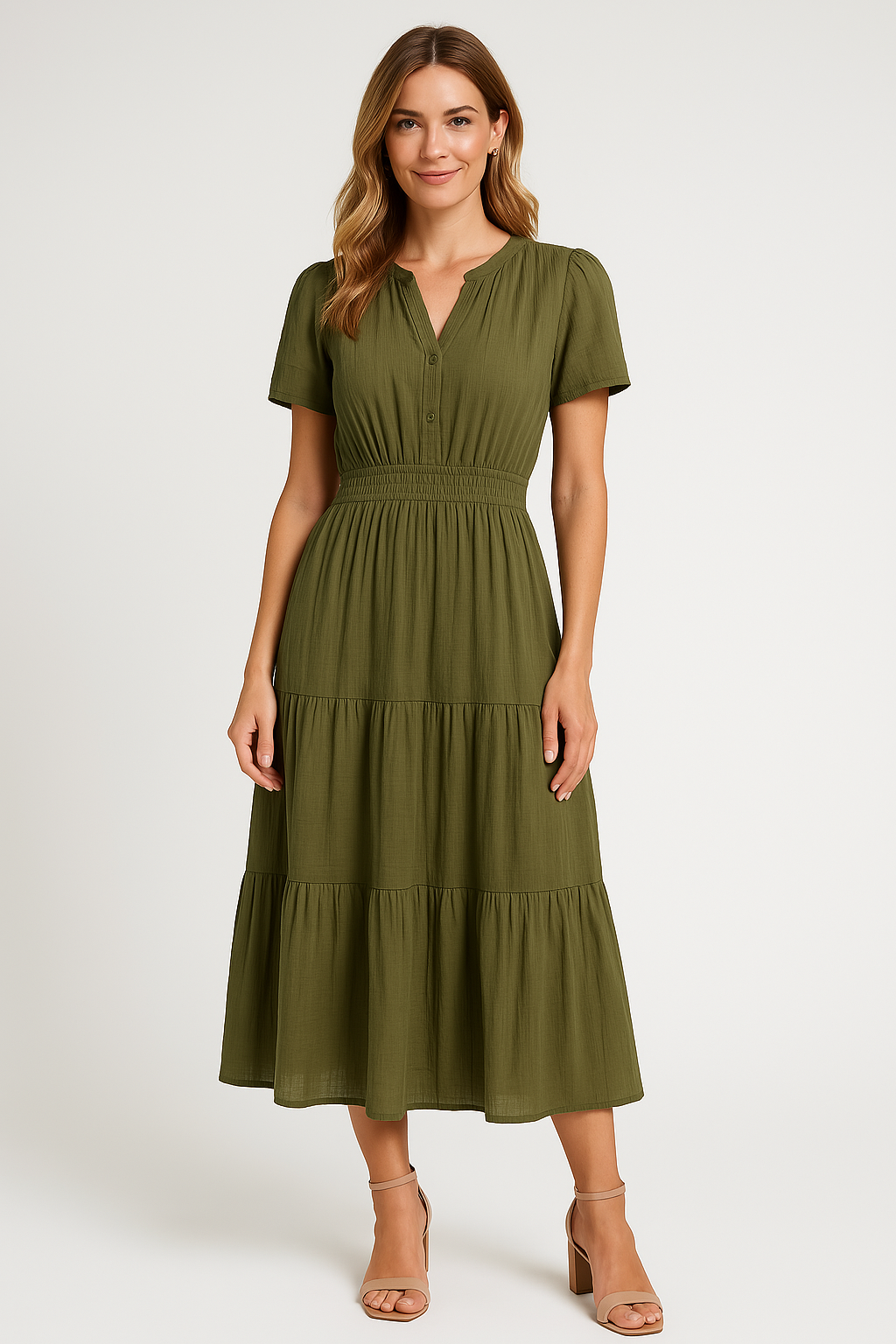 Women's Maxi Dress – V-Neck – Puff Sleeves – Light A-Line – Ruched Waist – Layered Skirt