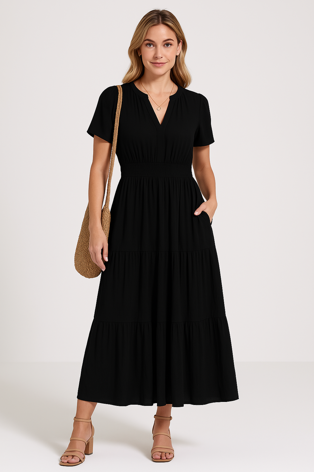 Women's Maxi Dress – V-Neck – Puff Sleeves – Light A-Line – Ruched Waist – Layered Skirt