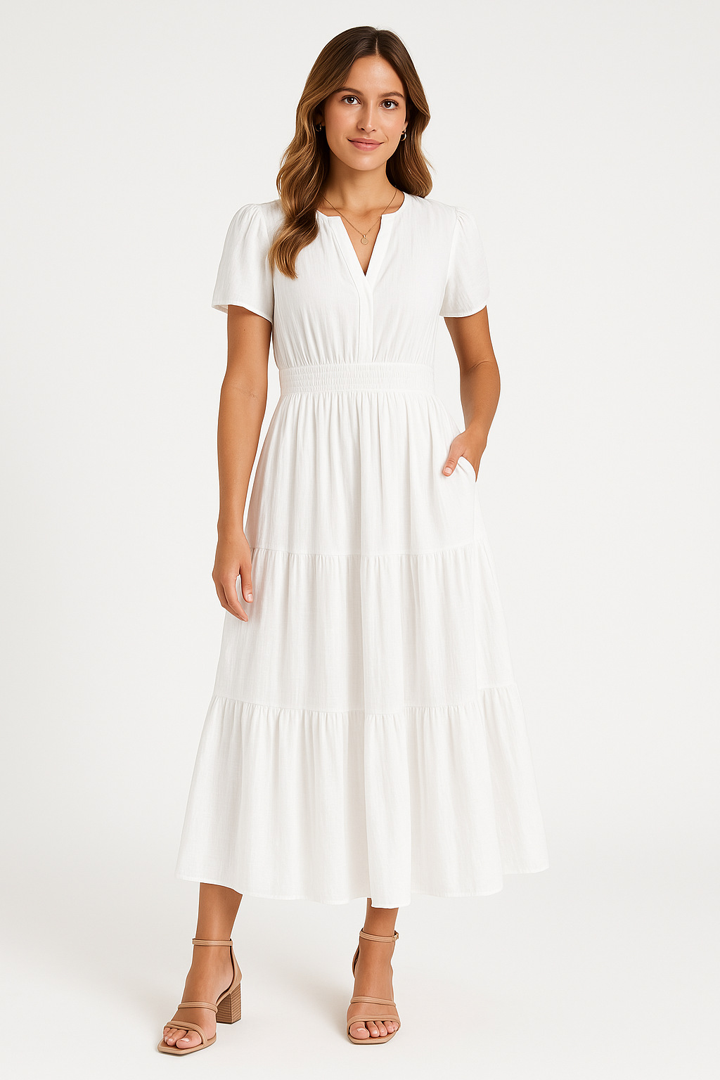Women's Maxi Dress – V-Neck – Puff Sleeves – Light A-Line – Ruched Waist – Layered Skirt