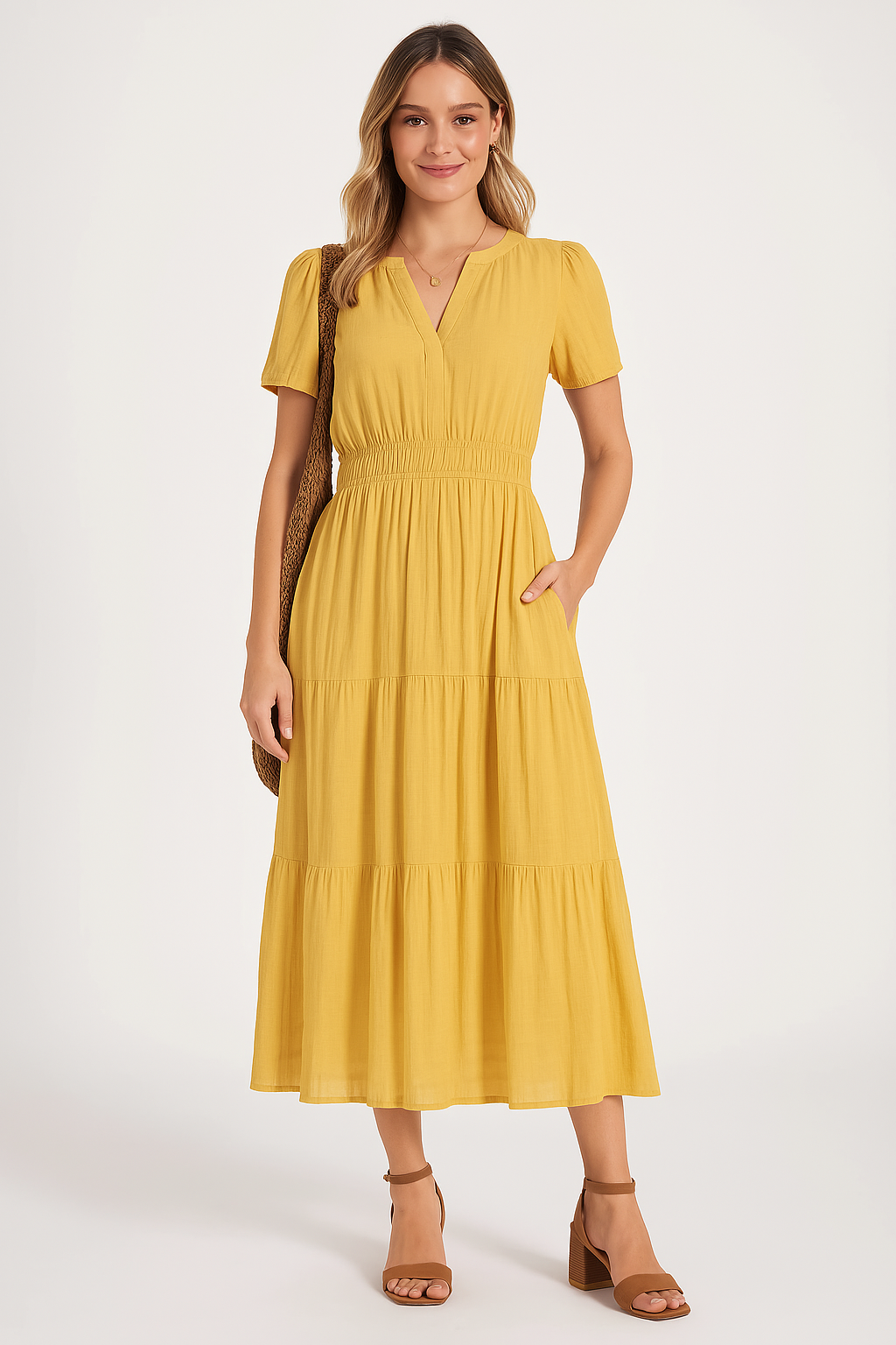 Women's Maxi Dress – V-Neck – Puff Sleeves – Light A-Line – Ruched Waist – Layered Skirt