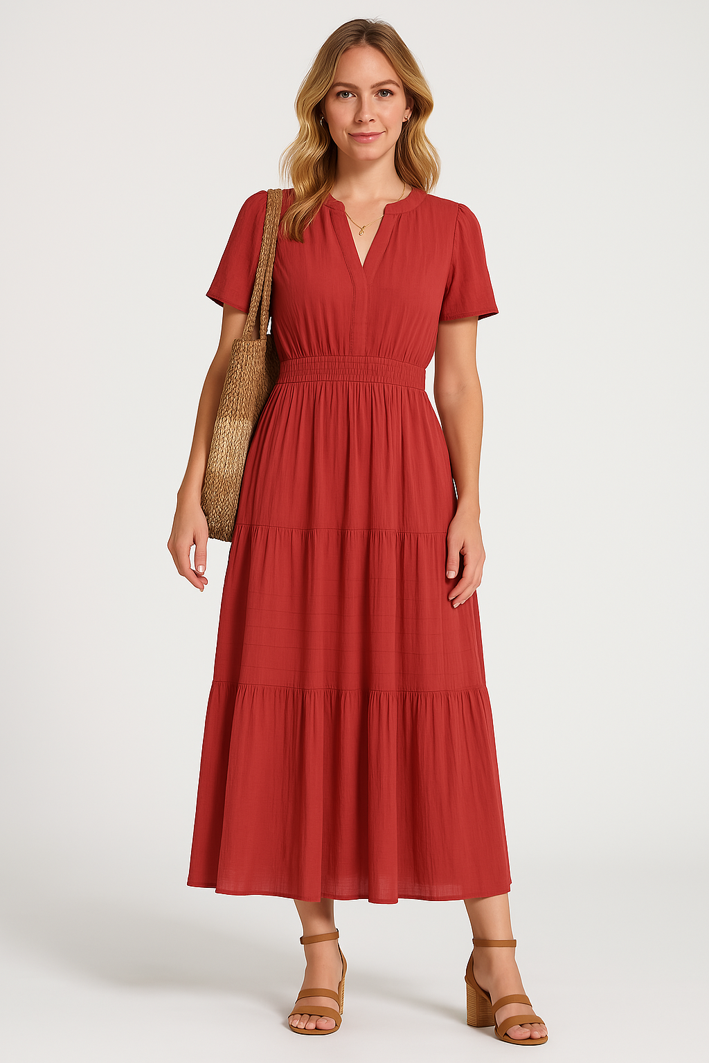 Women's Maxi Dress – V-Neck – Puff Sleeves – Light A-Line – Ruched Waist – Layered Skirt