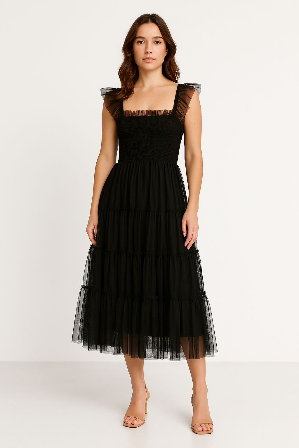 Women's Dress Long – Smocked Bodice – Tiered Mesh Skirt – Sleeveless with Ruffles