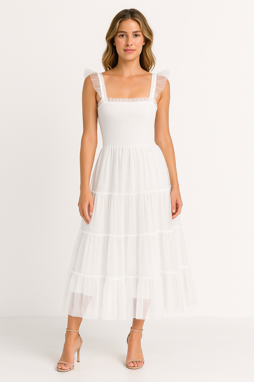 Women's Dress Long – Smocked Bodice – Tiered Mesh Skirt – Sleeveless with Ruffles