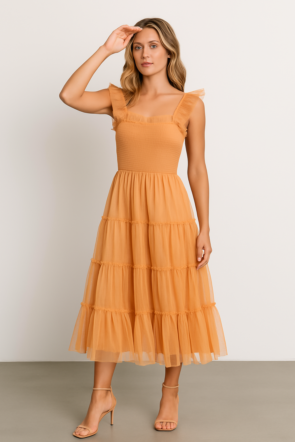 Women's Dress Long – Smocked Bodice – Tiered Mesh Skirt – Sleeveless with Ruffles