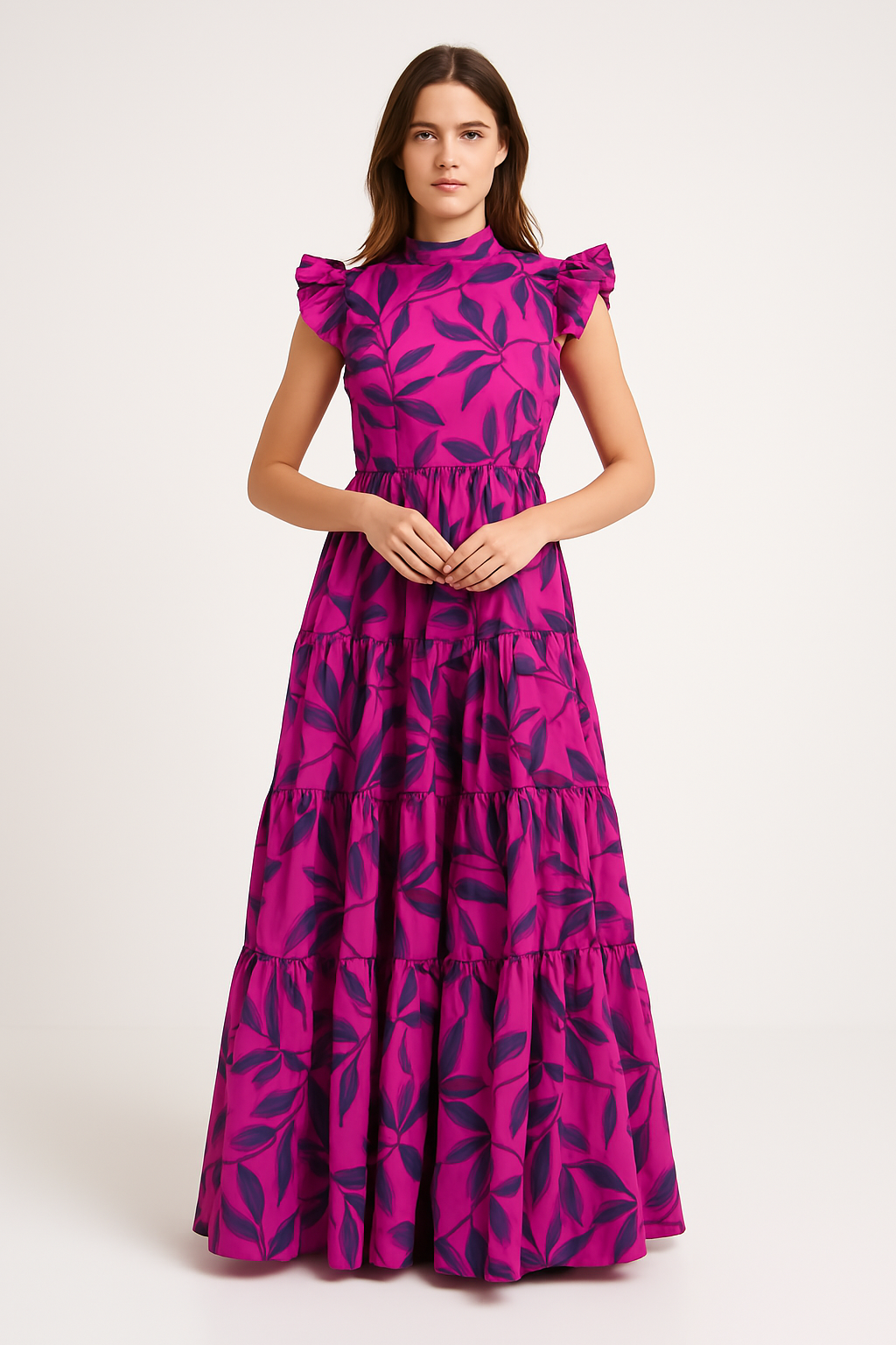 Dress woman – Maxi dress – Flared fit – Ruffled sleeves – Layered skirt – Patterned