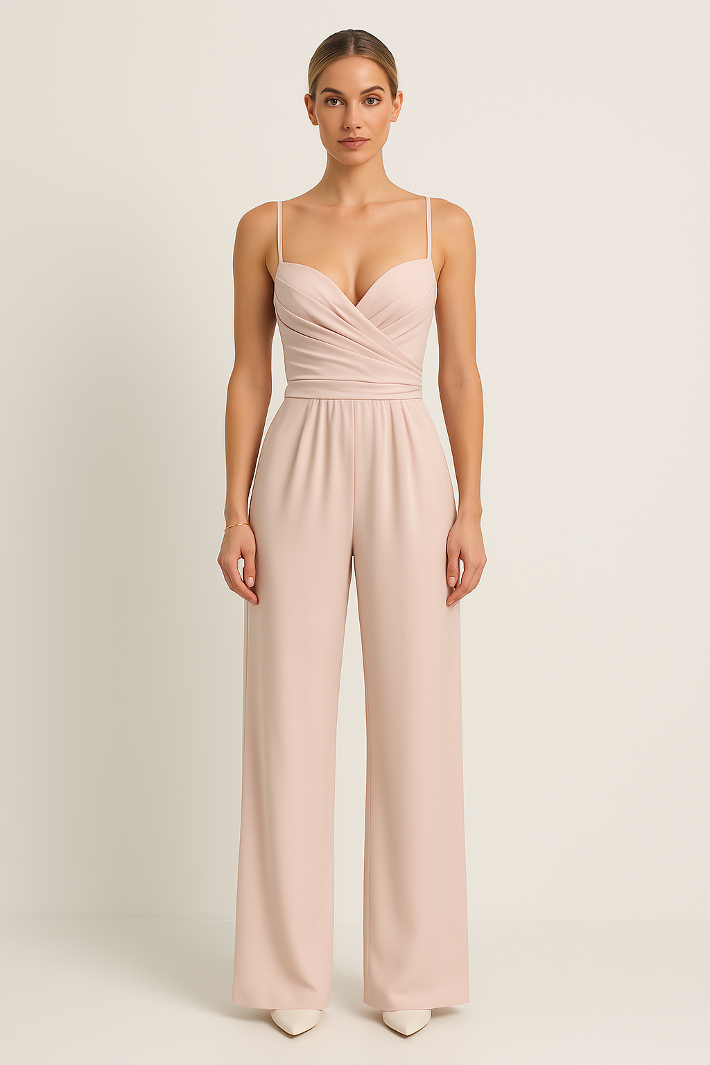 Dame Jumpsuit – Elegant Passform – Hjerteutringning – Rynket Liv – Vide Ben