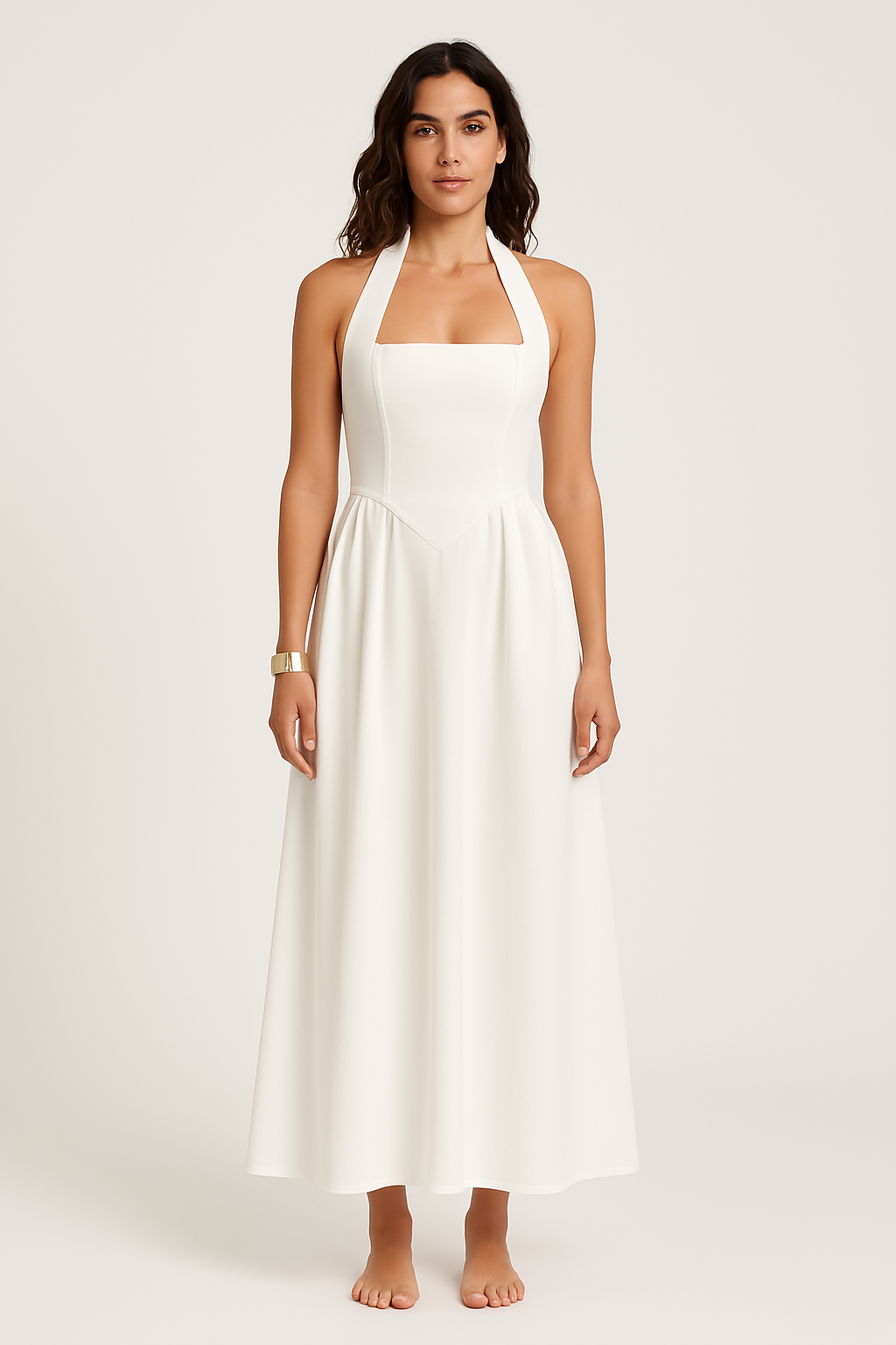 Dame Maxikjole – Ermeløs Halterneck – Åpen Rygg – Elegante Flatterende Snitt