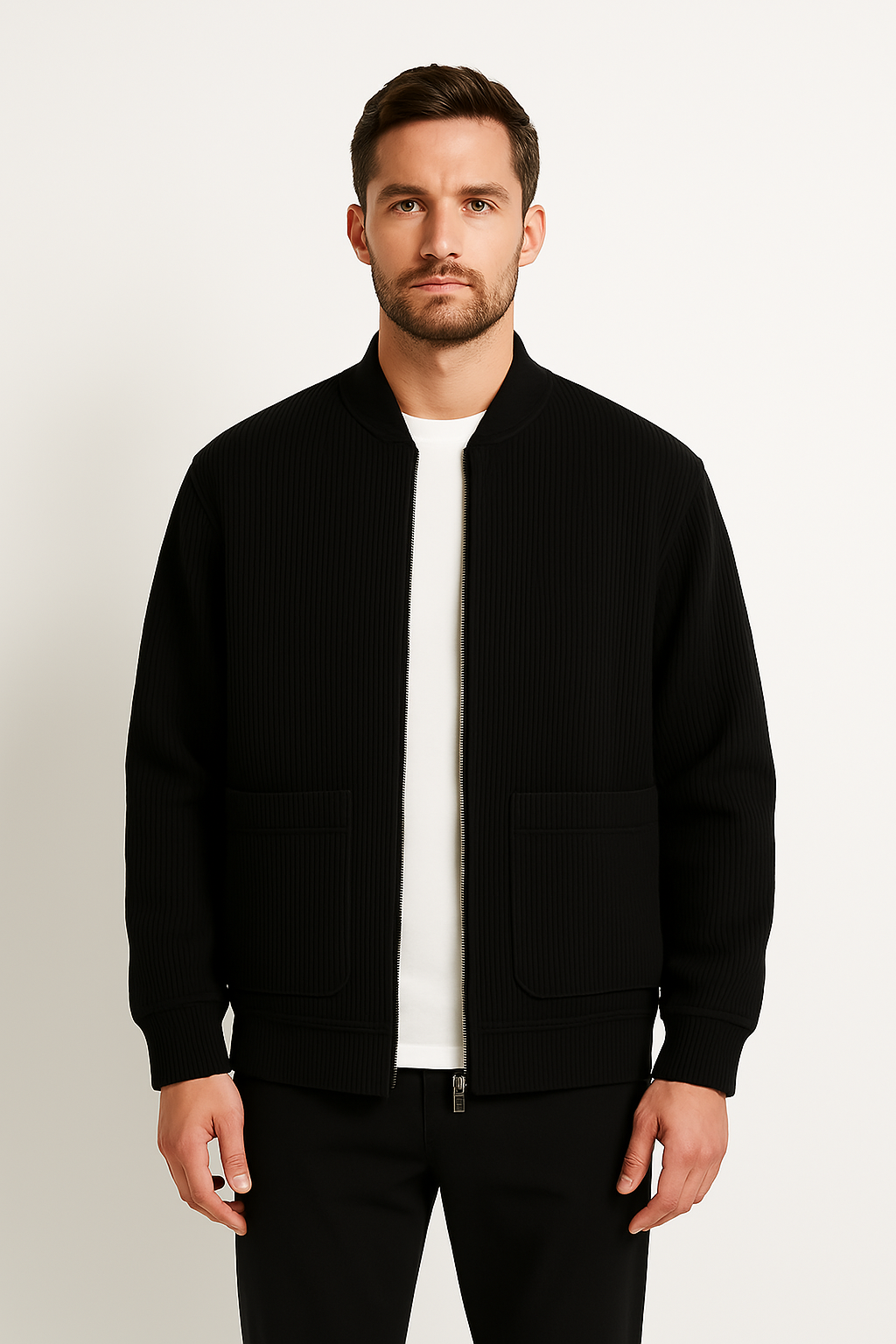 Men's Jacket – Relaxed Fit – Zipper – V-neck – Structured Ribbed Design