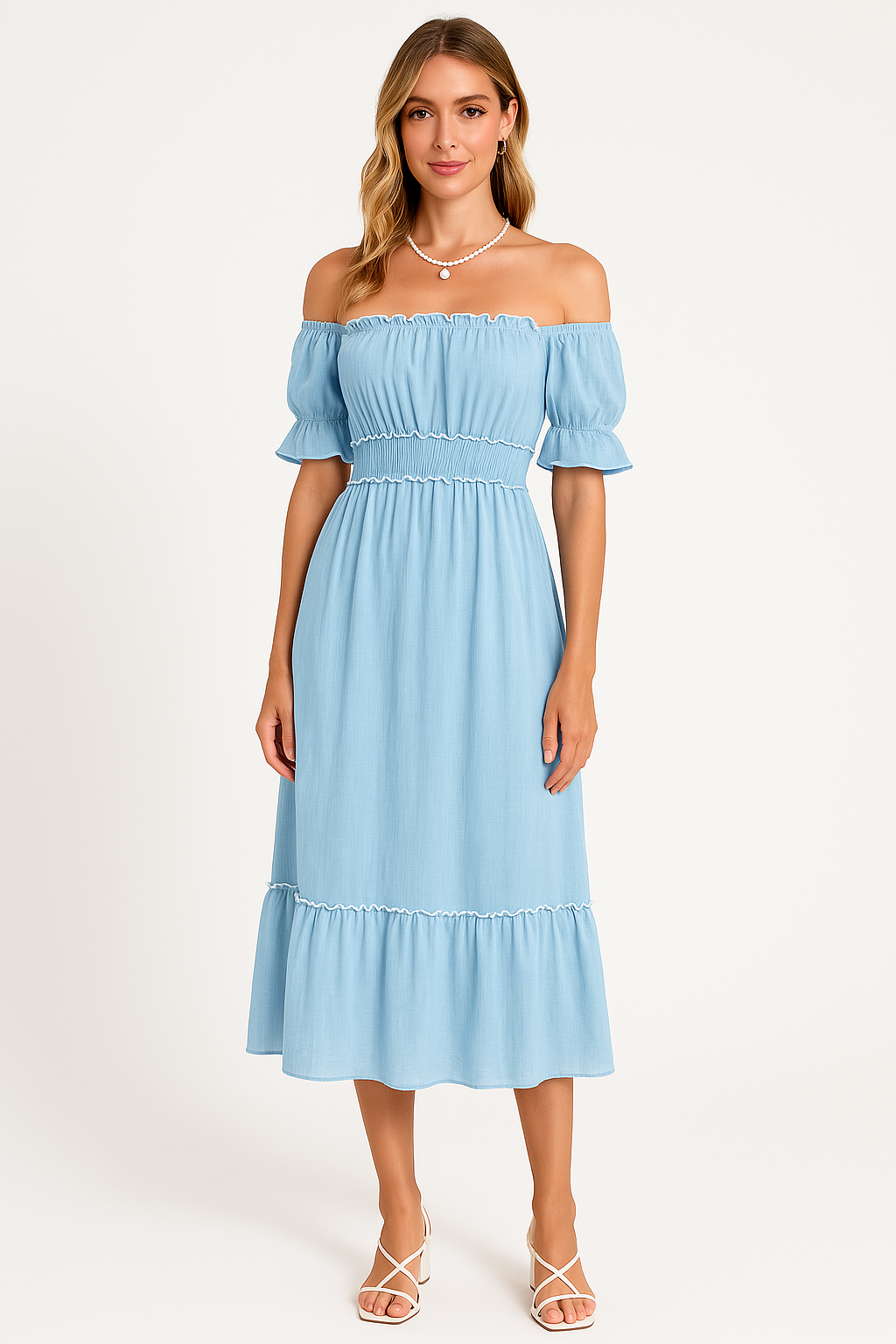 Dress woman – off-shoulder midi – cotton blend – ruffles – relaxed boho fit