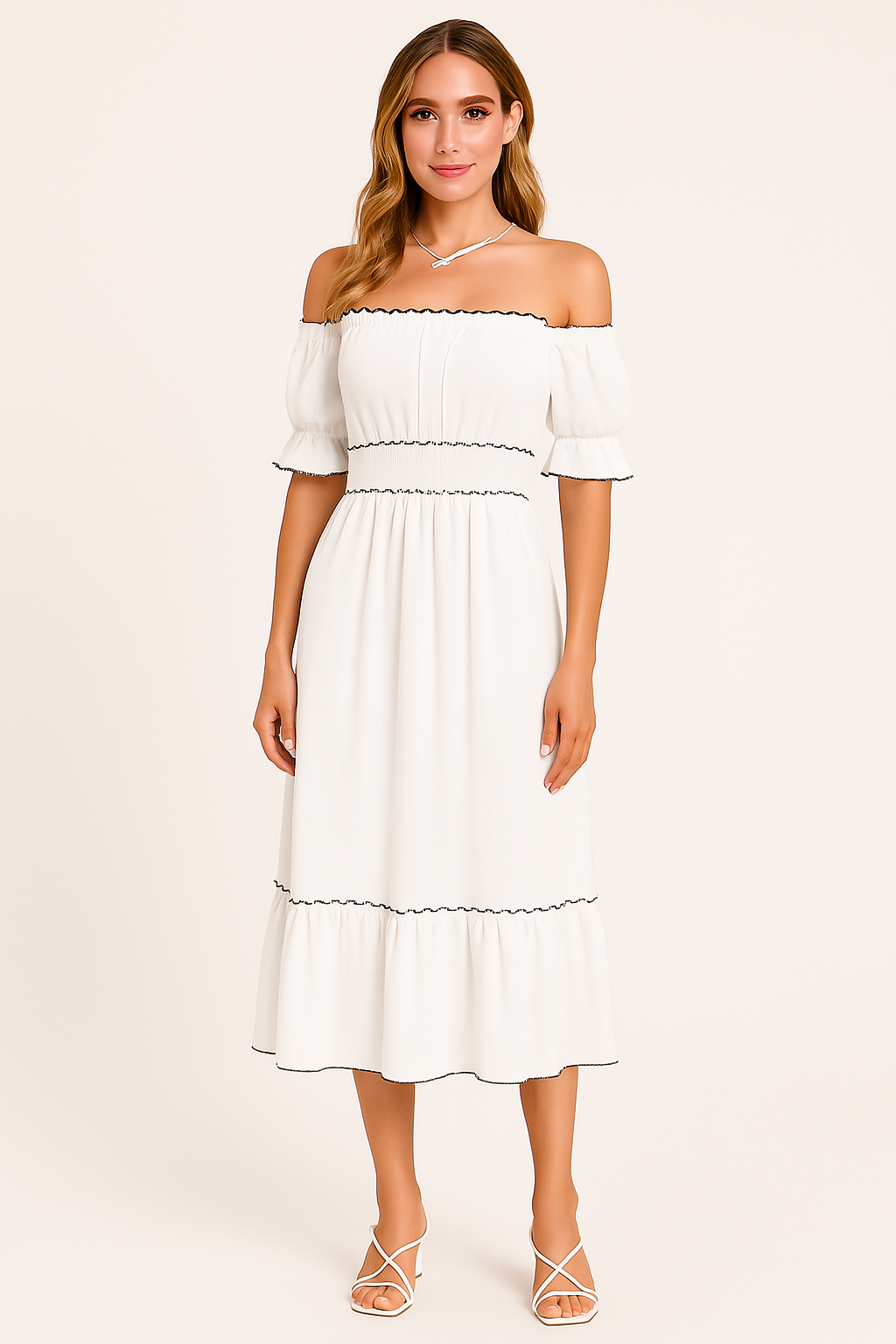 Dress woman – off-shoulder midi – cotton blend – ruffles – relaxed boho fit