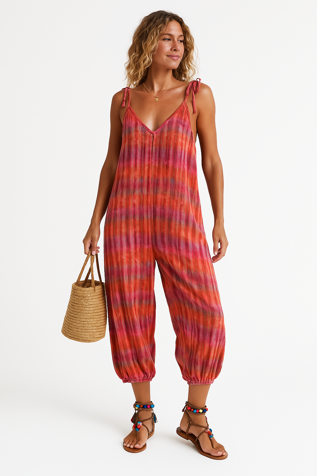 Women's jumpsuit – loose fit – adjustable straps – V-neck – tie belt – pattern