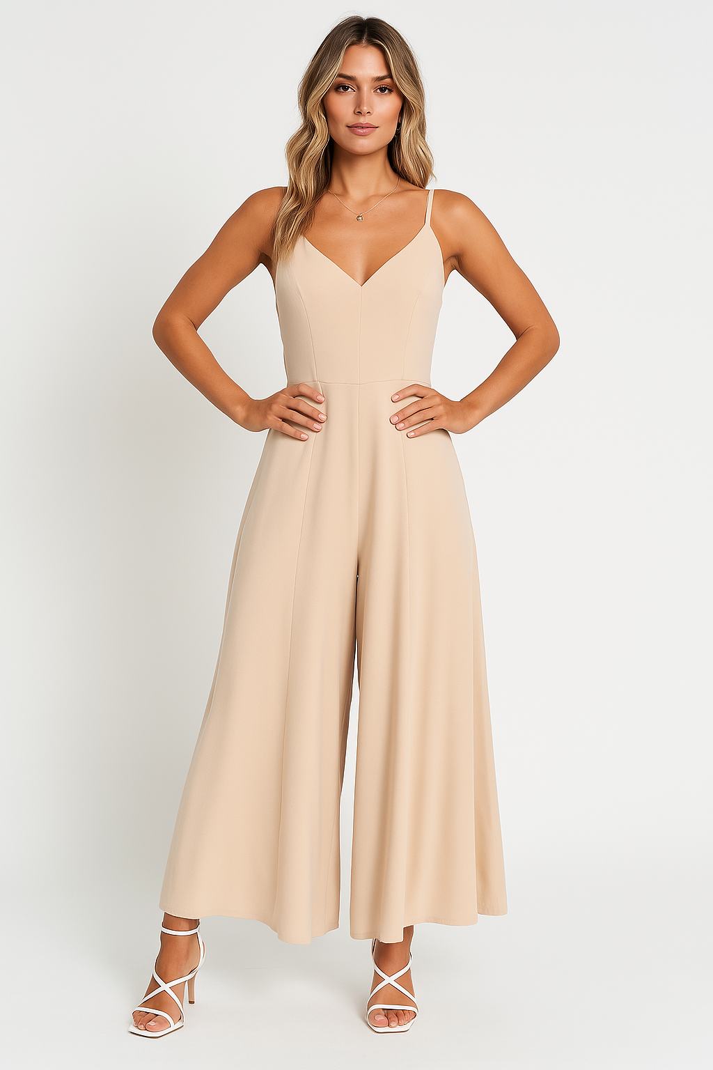 Women's Jumpsuit – V-neck – Spaghetti Straps – Wide Legs – Relaxed Fit – Defined Waist