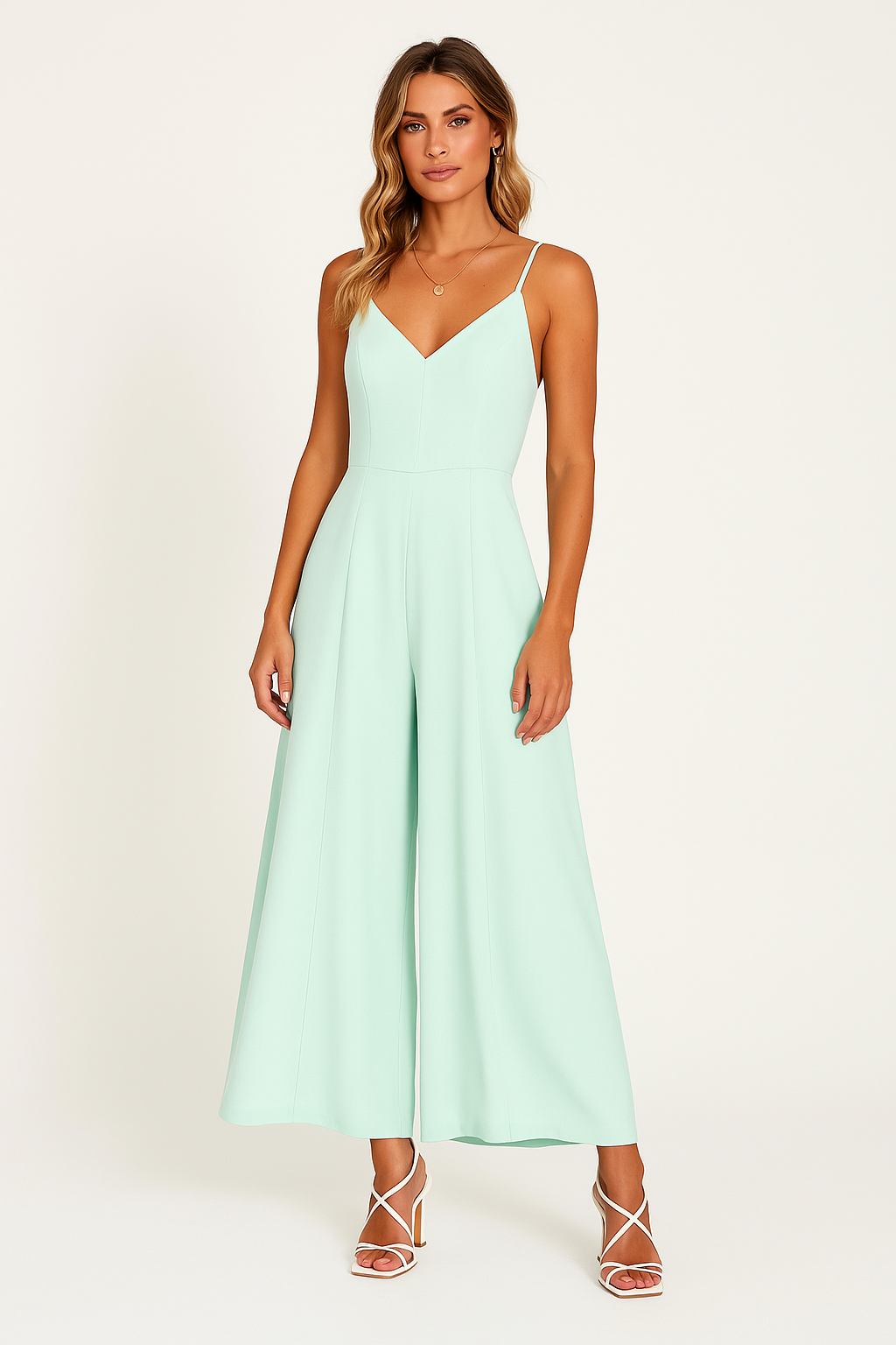 Women's Jumpsuit – V-neck – Spaghetti Straps – Wide Legs – Relaxed Fit – Defined Waist