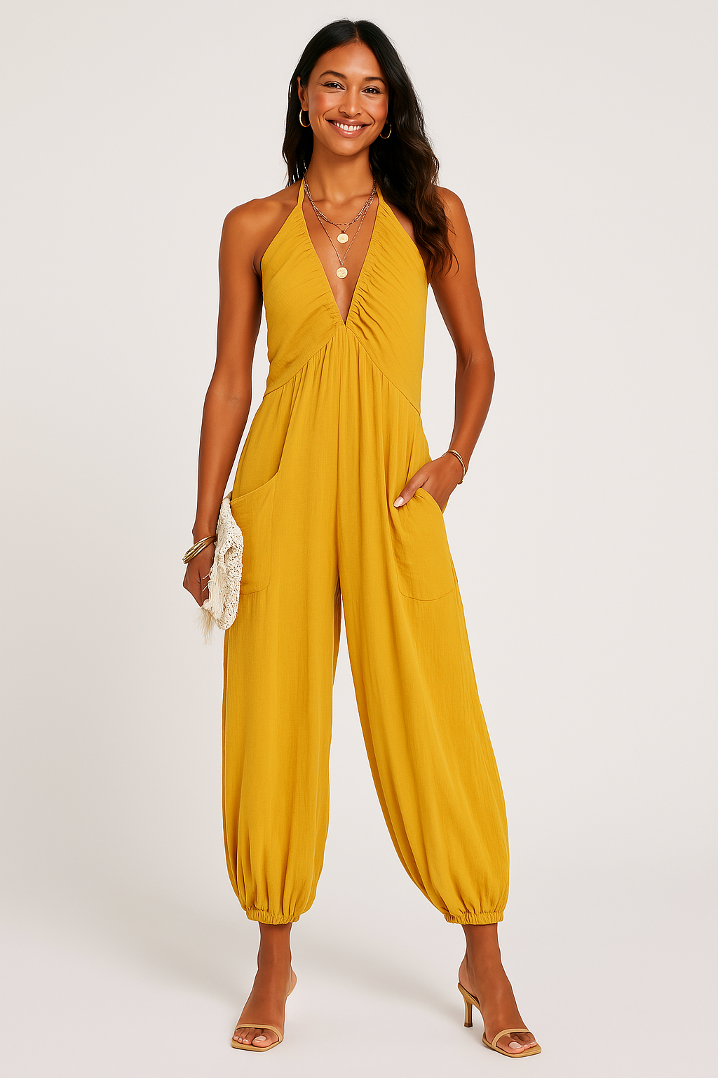 Women's Jumpsuit – Halterneck – Deep V-neck – Relaxed Fit – Tapered Legs – Pockets