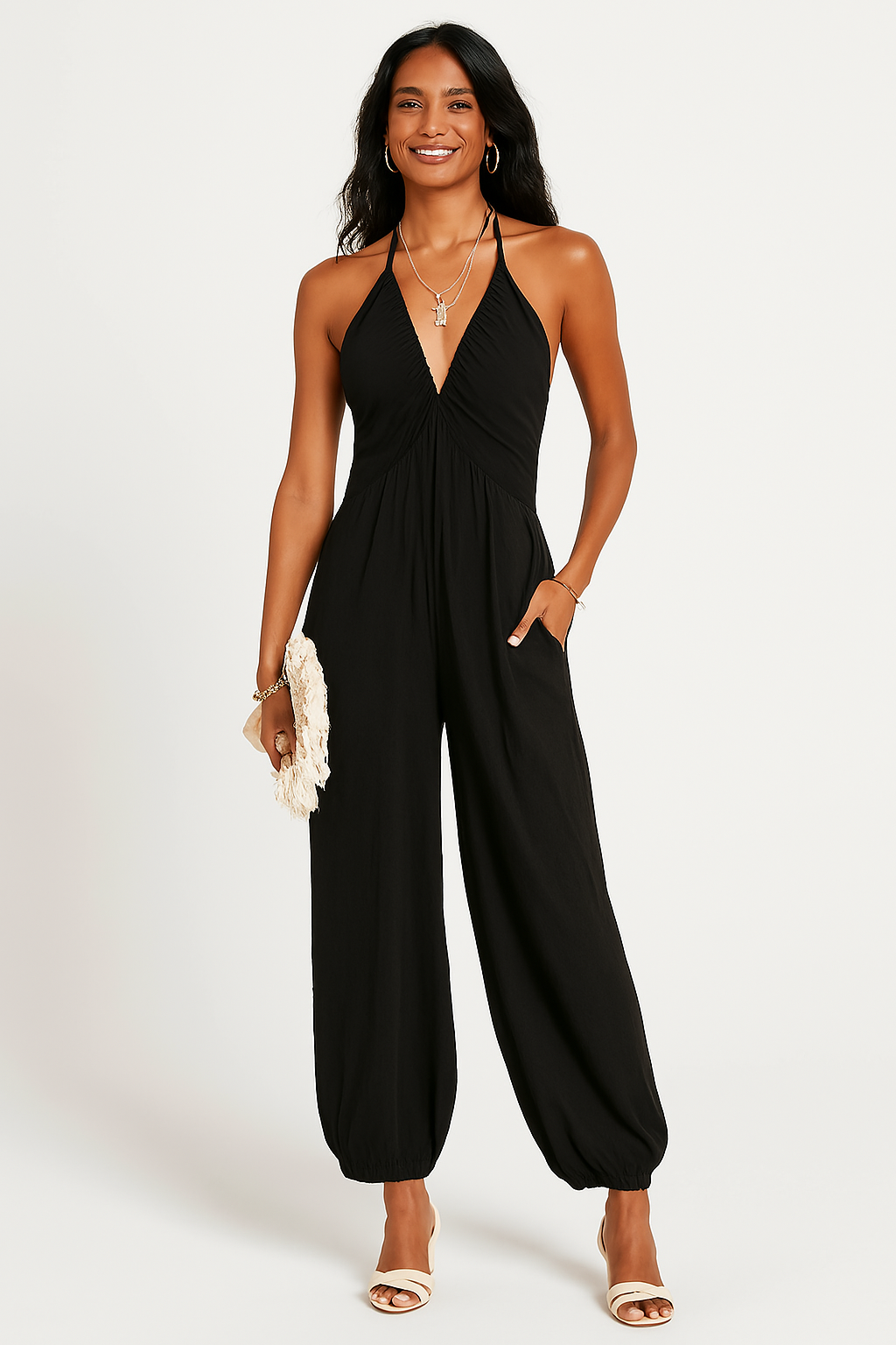 Women's Jumpsuit – Halterneck – Deep V-neck – Relaxed Fit – Tapered Legs – Pockets