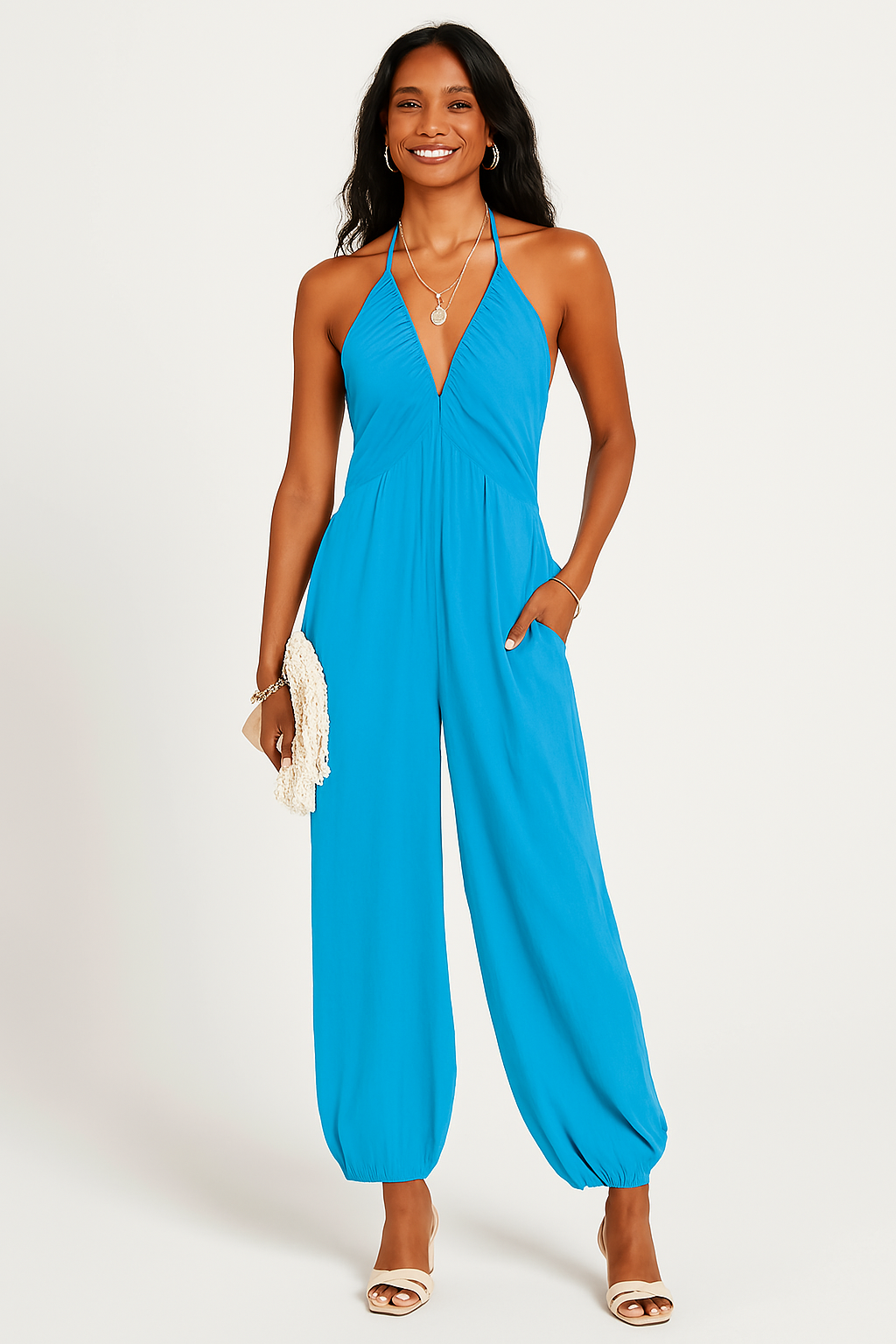 Women's Jumpsuit – Halterneck – Deep V-neck – Relaxed Fit – Tapered Legs – Pockets