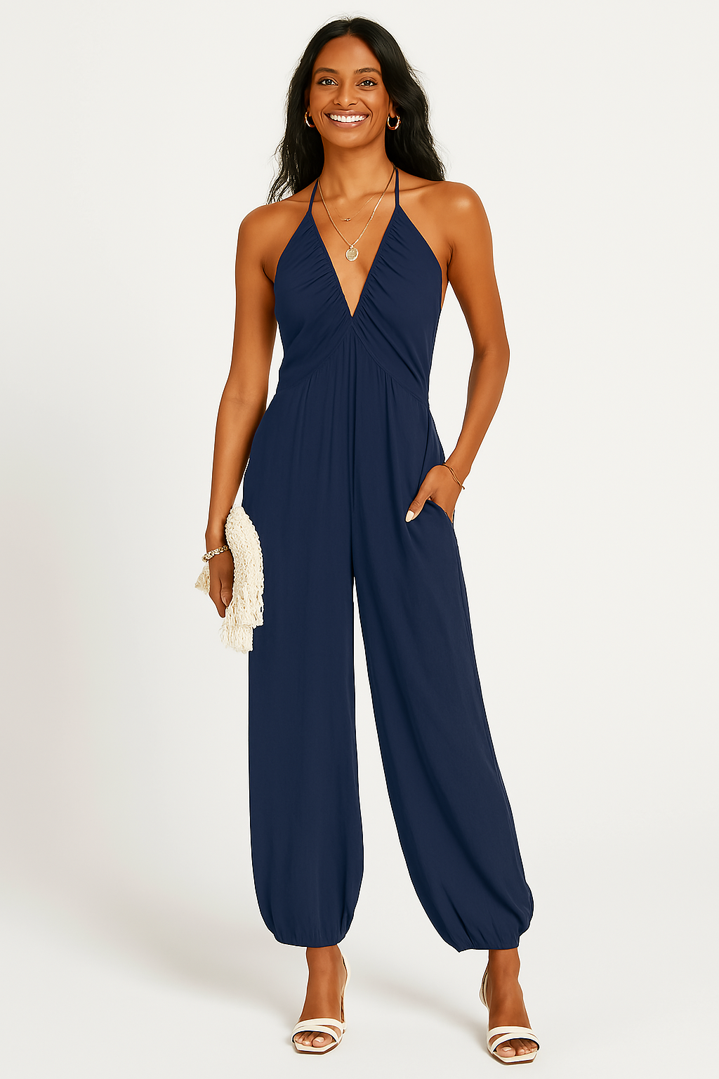 Women's Jumpsuit – Halterneck – Deep V-neck – Relaxed Fit – Tapered Legs – Pockets