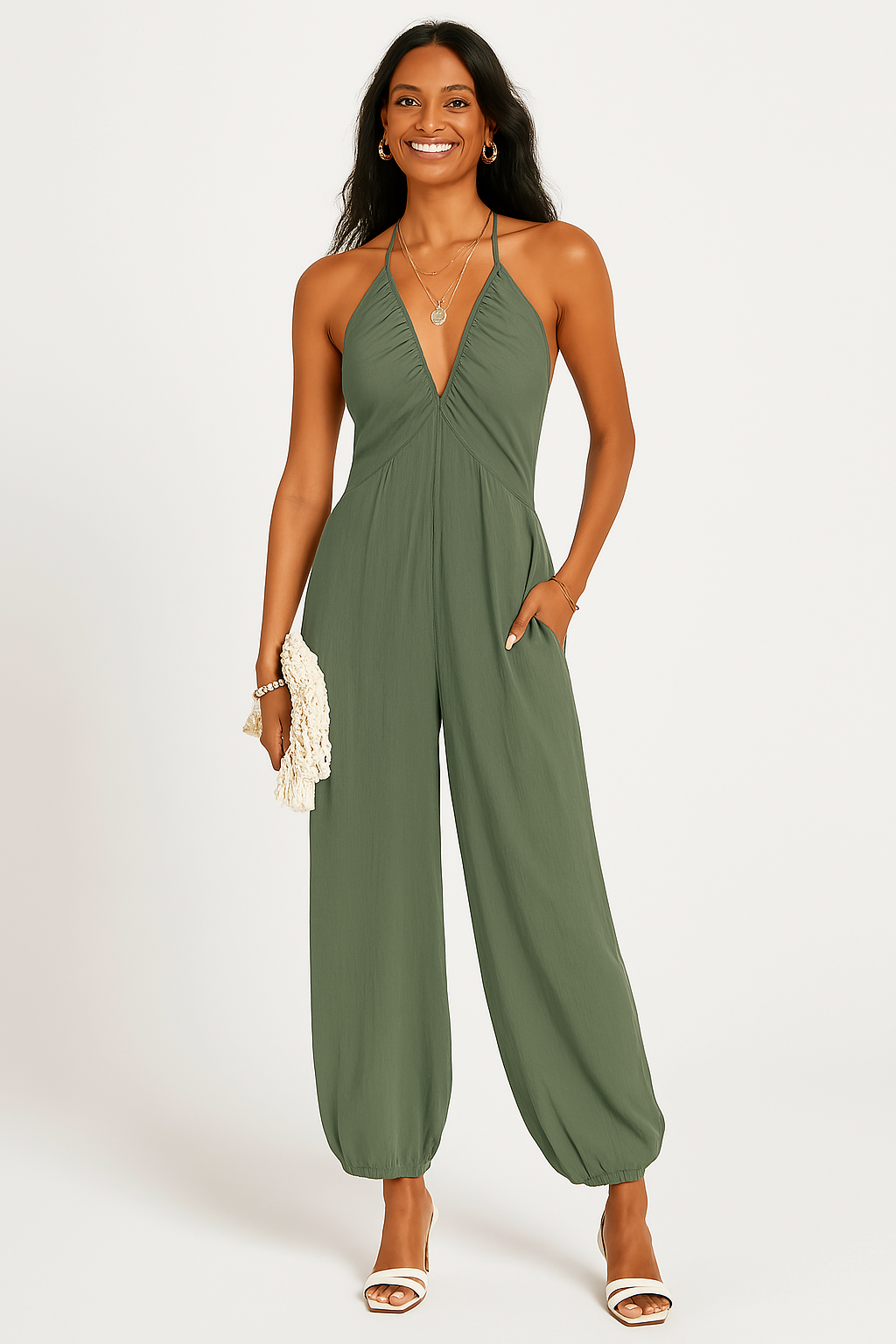 Women's Jumpsuit – Halterneck – Deep V-neck – Relaxed Fit – Tapered Legs – Pockets