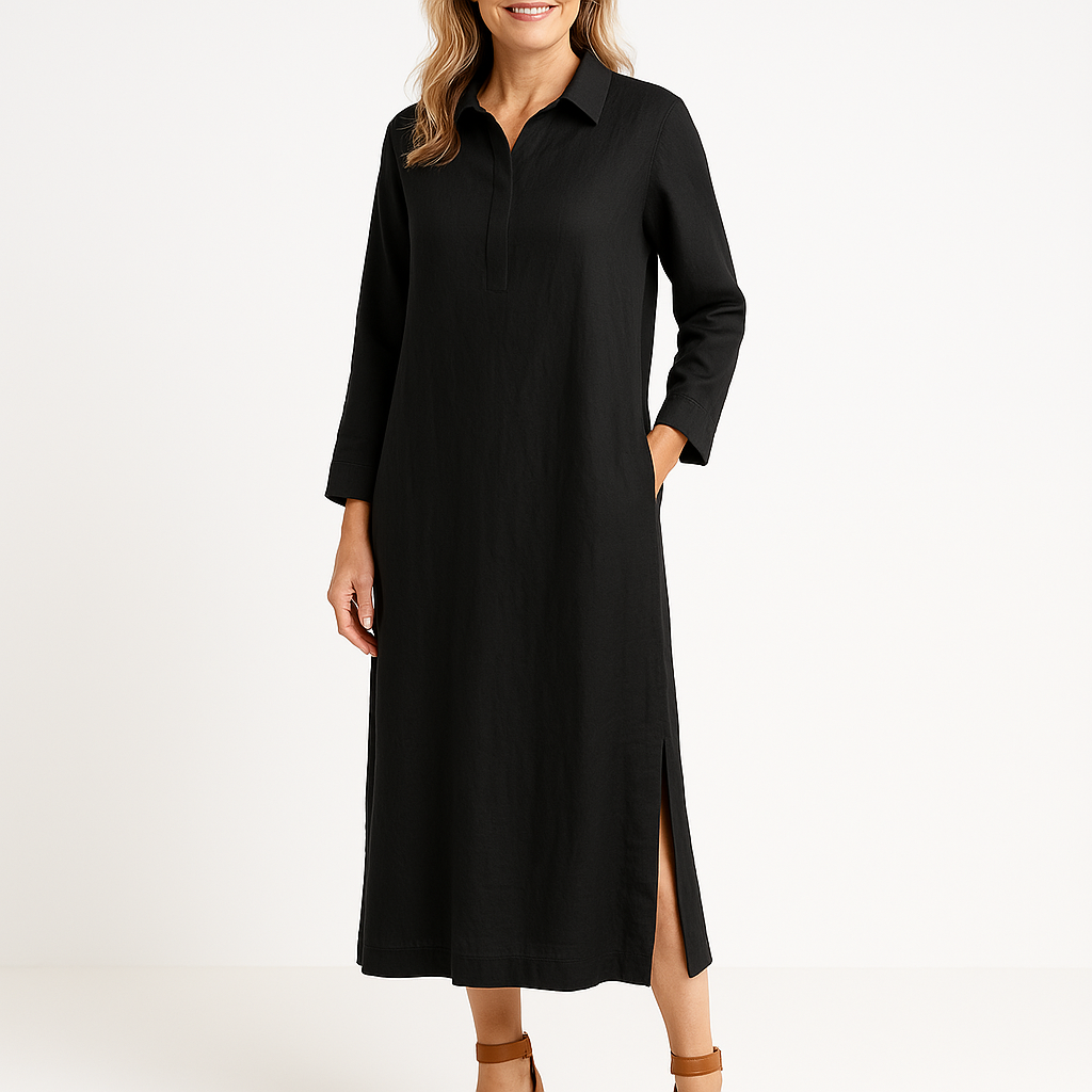 Women's Shirt Dress – Relaxed Fit – Lightweight Woven – Midi Length – Long Sleeves – Split