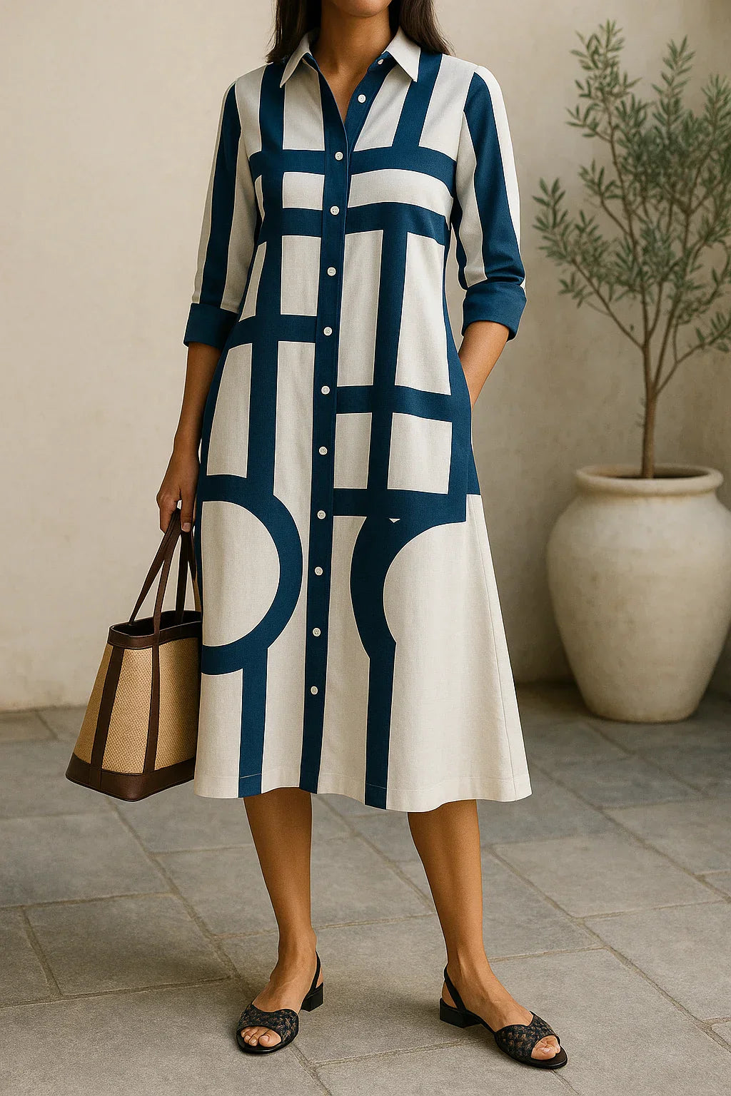 Dress for Women – Shirt Dress – Relaxed Fit – Midi Length – Geometric Pattern