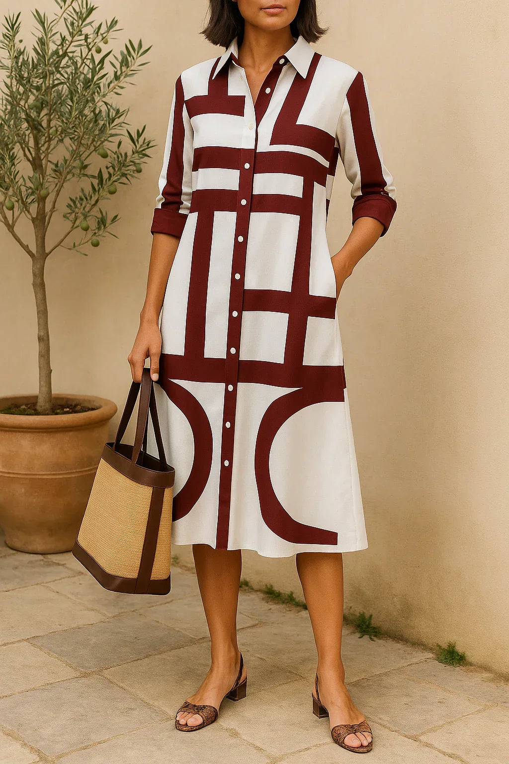 Dress for Women – Shirt Dress – Relaxed Fit – Midi Length – Geometric Pattern