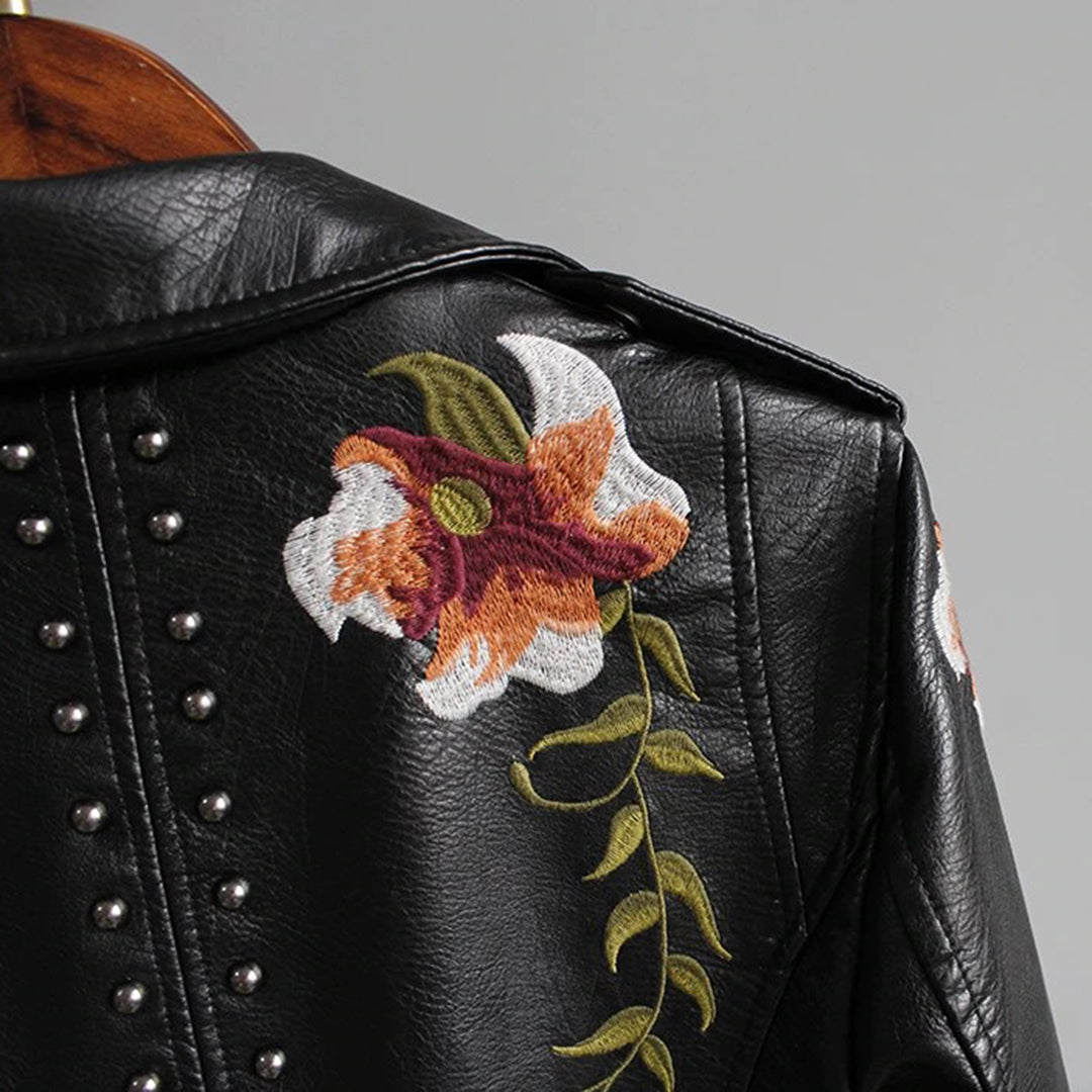 Women's Biker Jacket – Imitation Leather – Floral Embroidery – Stud Details – Asymmetric Zipper
