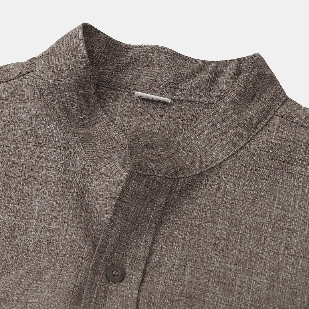 Men's Shirt - Linen Blend - Relaxed Fit - Short Sleeves - Mandarin Collar