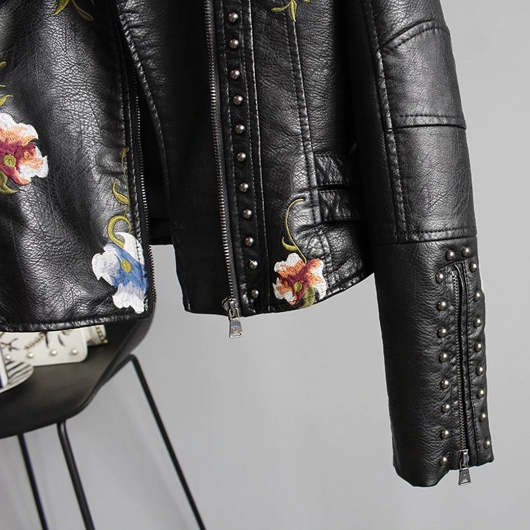 Women's Biker Jacket – Imitation Leather – Floral Embroidery – Stud Details – Asymmetric Zipper