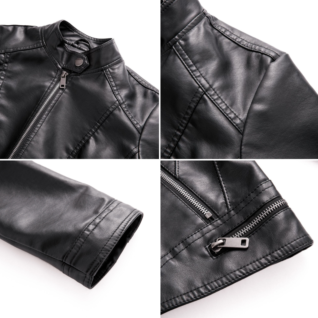 Women's Leather Jacket - Biker Style - Zipper Closure - Stand Collar - Slim Fit