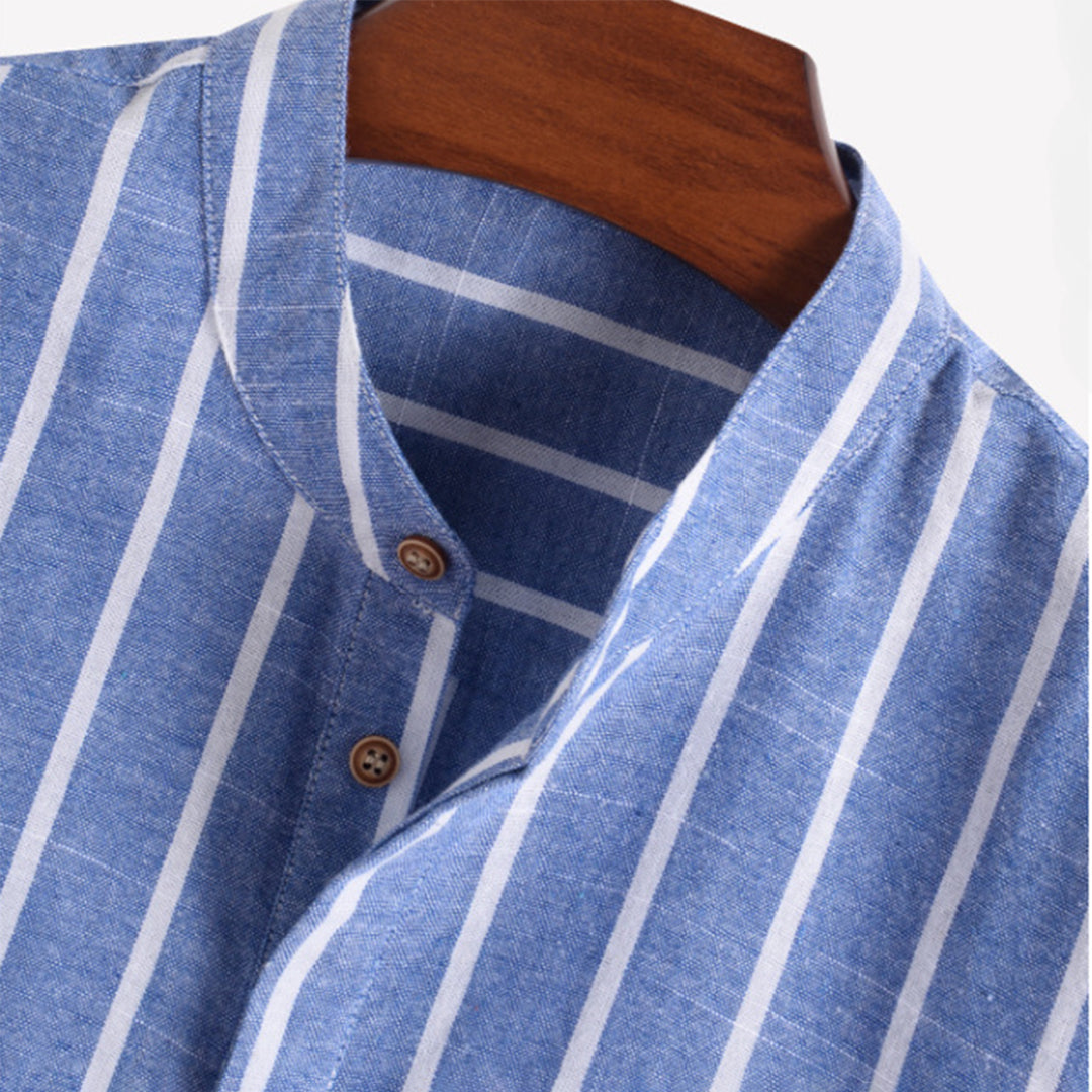 Men's Shirt - Vertical Stripes - Mandarin Collar - Short Sleeve - Breathable Cotton/Linen