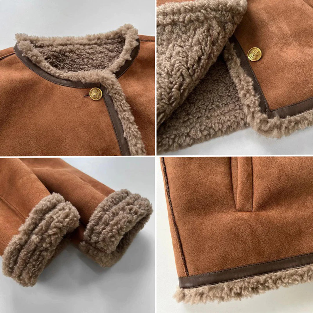 Women's Shearling Jacket – Soft Lining – Collarless Design – Gold Buttons – Sleek Fit