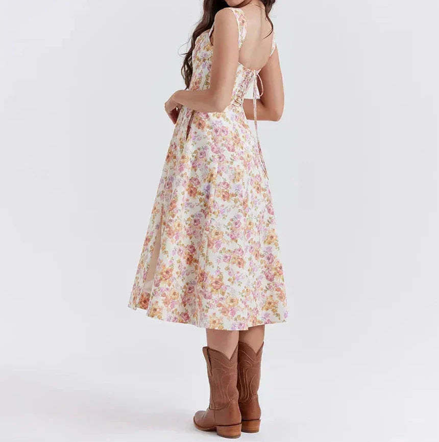 Dress for Women – Midi Length – Fitted Bodice – Floral Print – Side Slit