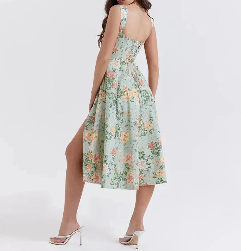 Dress for Women – Midi Length – Fitted Bodice – Floral Print – Side Slit
