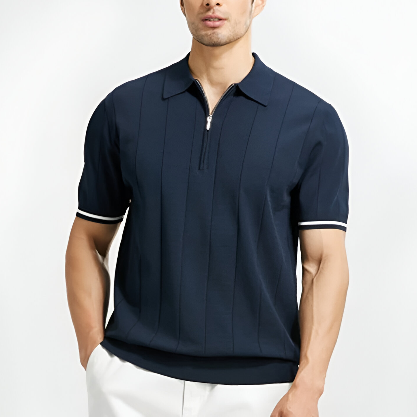 Men's Pique Shirt – Slim Fit – Zipper Collar – Soft Knit – Ribbed Edge