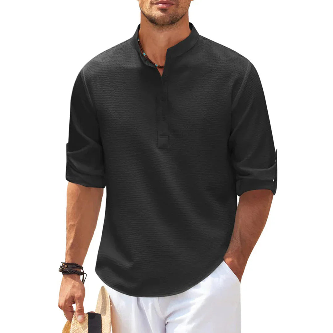 Men's Shirt – Relaxed Fit – Breathable Fabric – Mandarin Collar – Roll-up Sleeves