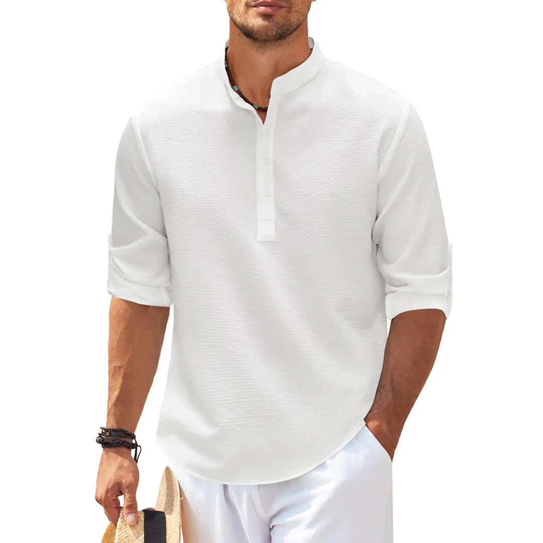 Men's Shirt – Relaxed Fit – Breathable Fabric – Mandarin Collar – Roll-up Sleeves