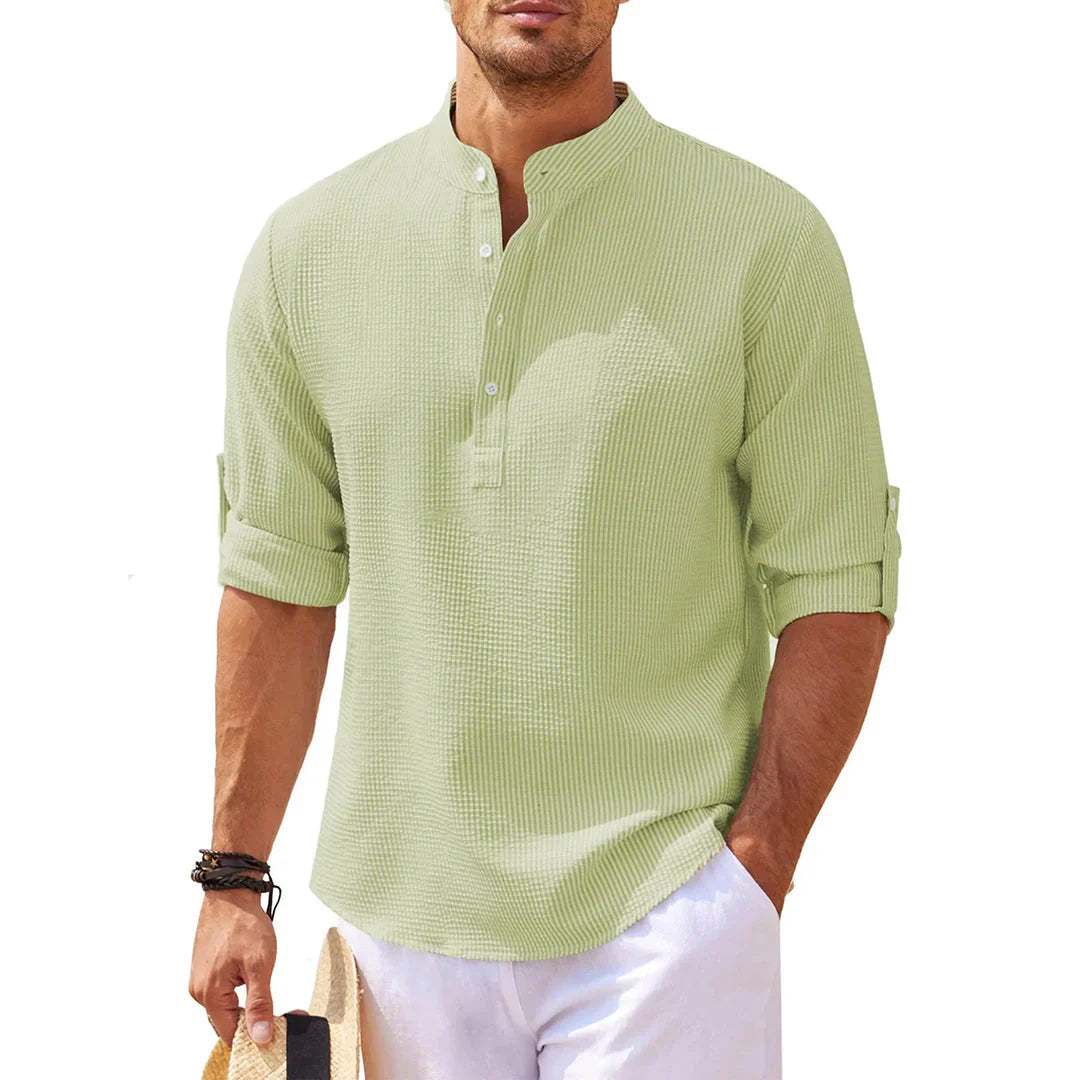 Men's Shirt – Relaxed Fit – Breathable Fabric – Mandarin Collar – Roll-up Sleeves