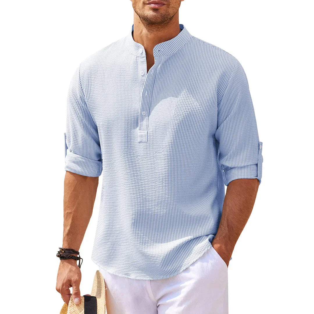 Men's Shirt – Relaxed Fit – Breathable Fabric – Mandarin Collar – Roll-up Sleeves