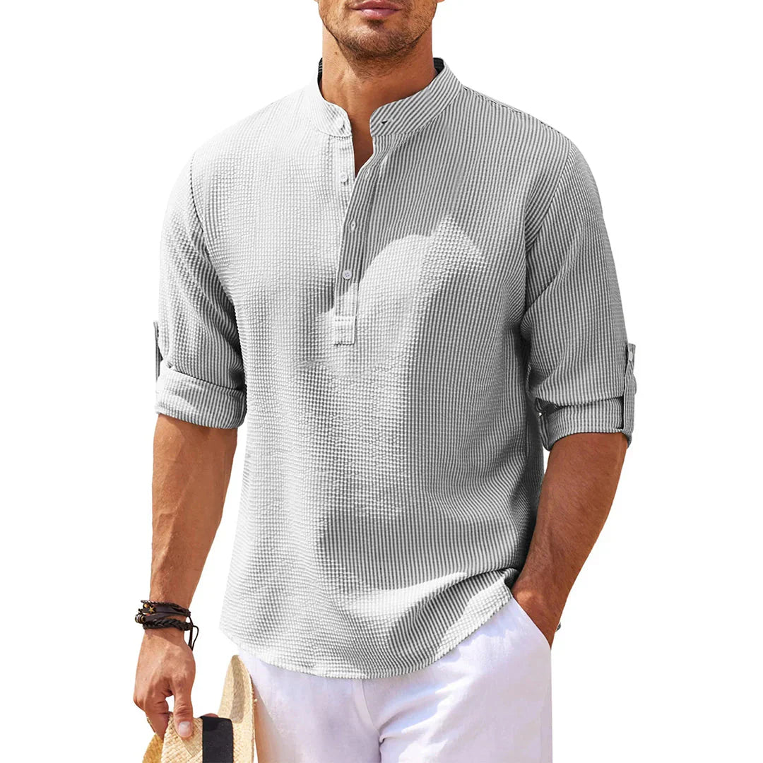 Men's Shirt – Relaxed Fit – Breathable Fabric – Mandarin Collar – Roll-up Sleeves