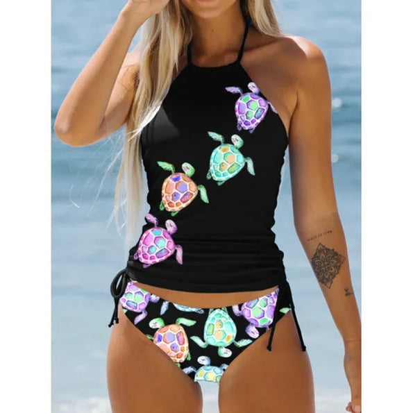 Women's Bikini Set – Halterneck Top – Printed Design – Adjustable Ruched Bottom