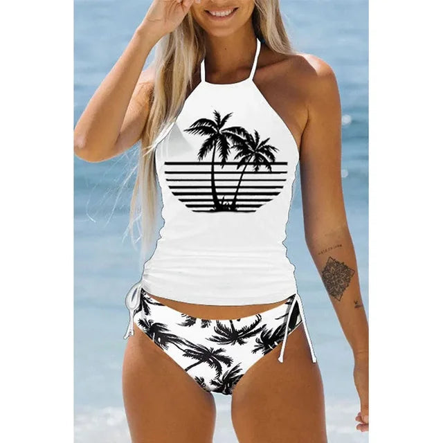Women's Bikini Set – Halterneck Top – Printed Design – Adjustable Ruched Bottom