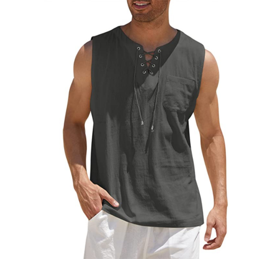 Men's Tank Top – Breathable Cotton/Linen – Relaxed Fit – Lace Detail