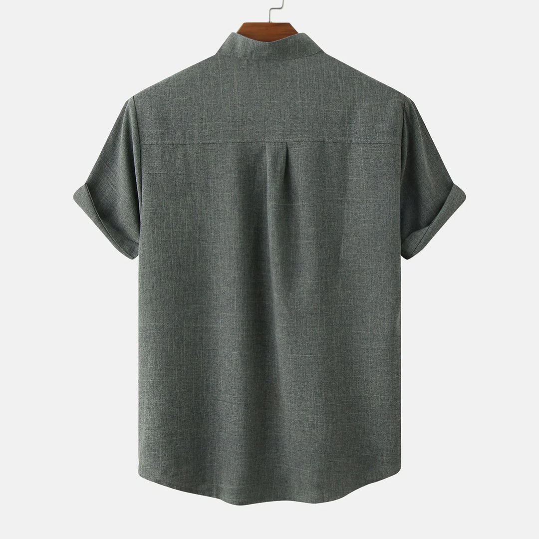 Men's Shirt - Linen Blend - Relaxed Fit - Short Sleeves - Mandarin Collar