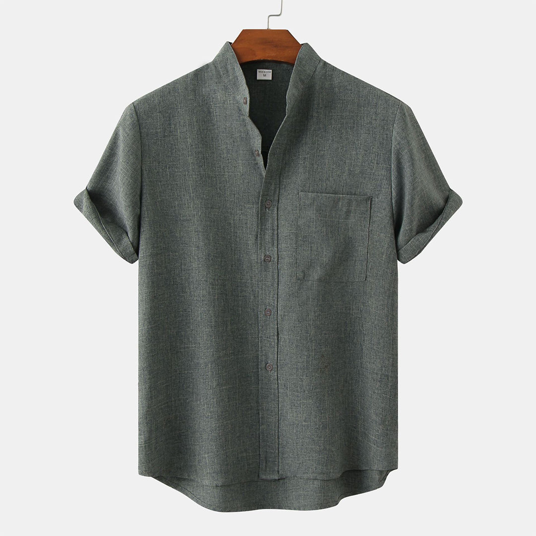 Men's Shirt - Linen Blend - Relaxed Fit - Short Sleeves - Mandarin Collar