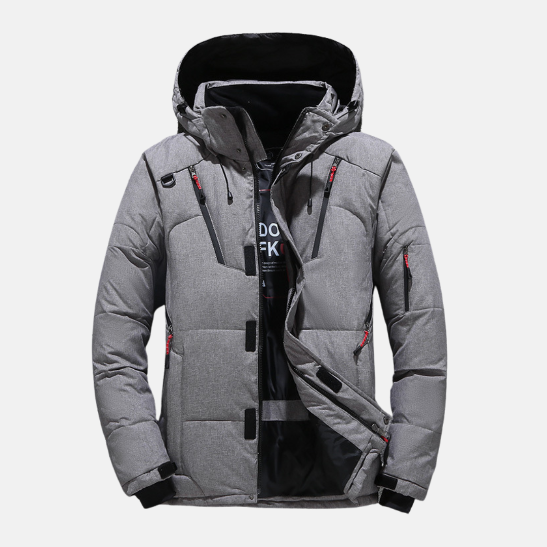 Men’s Down Jacket - Puffer Insulated - Hooded with Multiple Zippered Pockets - Relaxed Fit