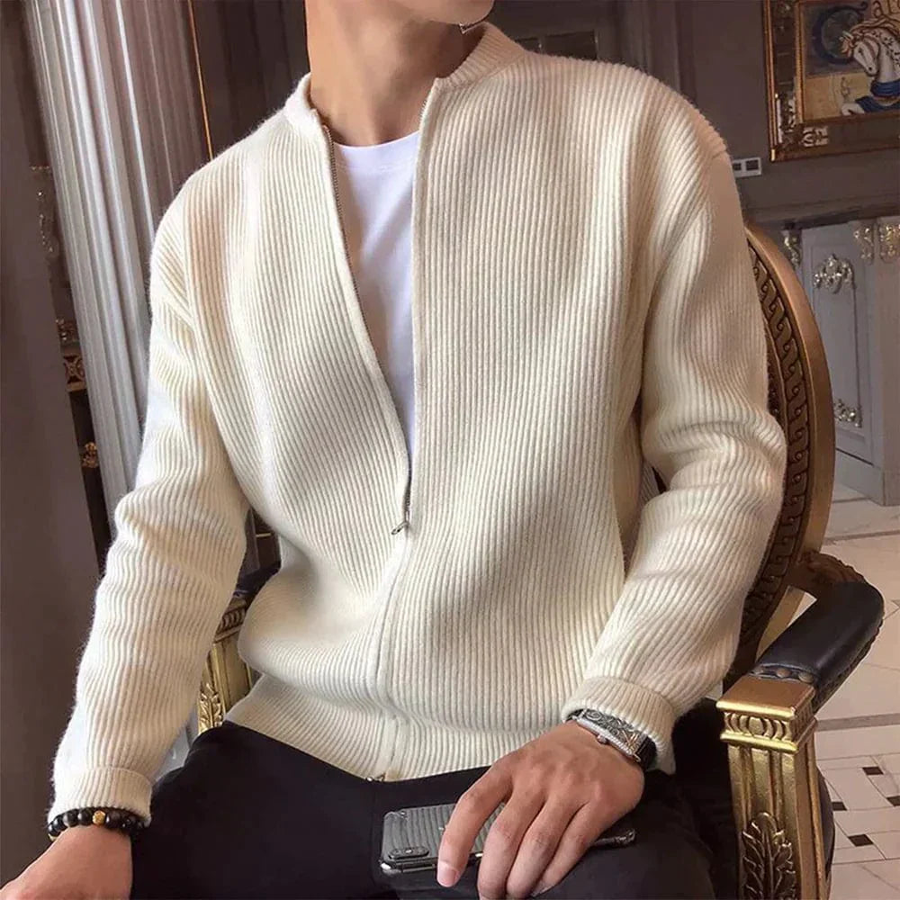 Men's Knitted Jacket – Ribbed Texture – Zipper Design – Classic and Stylish