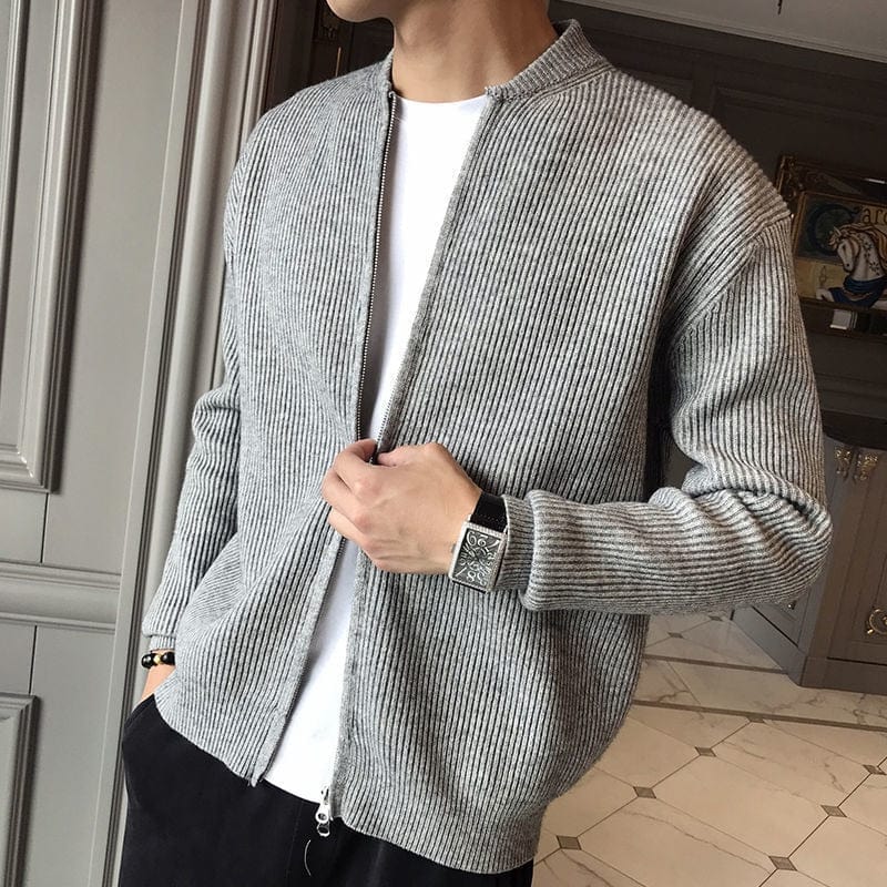 Men's Knitted Jacket – Ribbed Texture – Zipper Design – Classic and Stylish