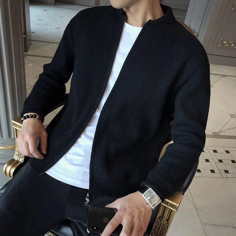 Men's Knitted Jacket – Ribbed Texture – Zipper Design – Classic and Stylish