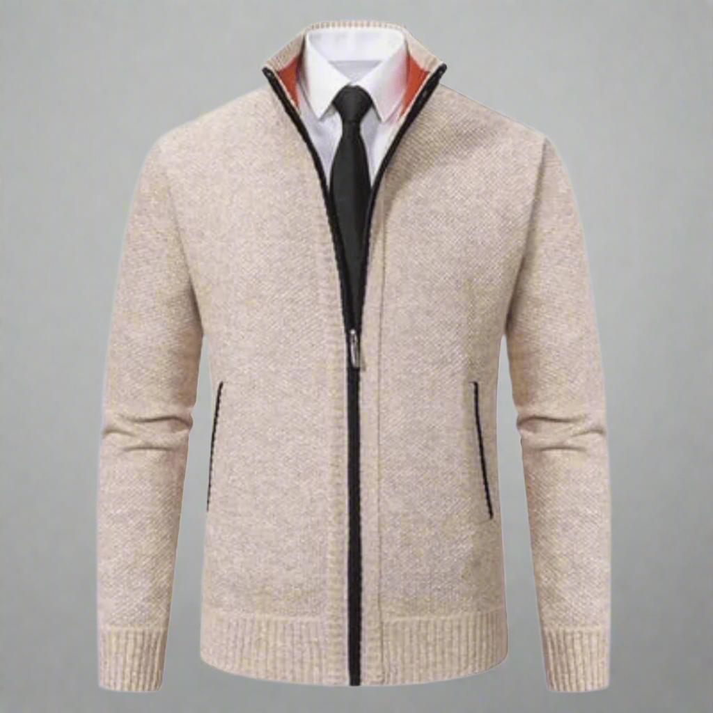Herre Cardigan - Glidelås - Høy Krage - Slim Fit - Ribbestrikkede Mansjetter